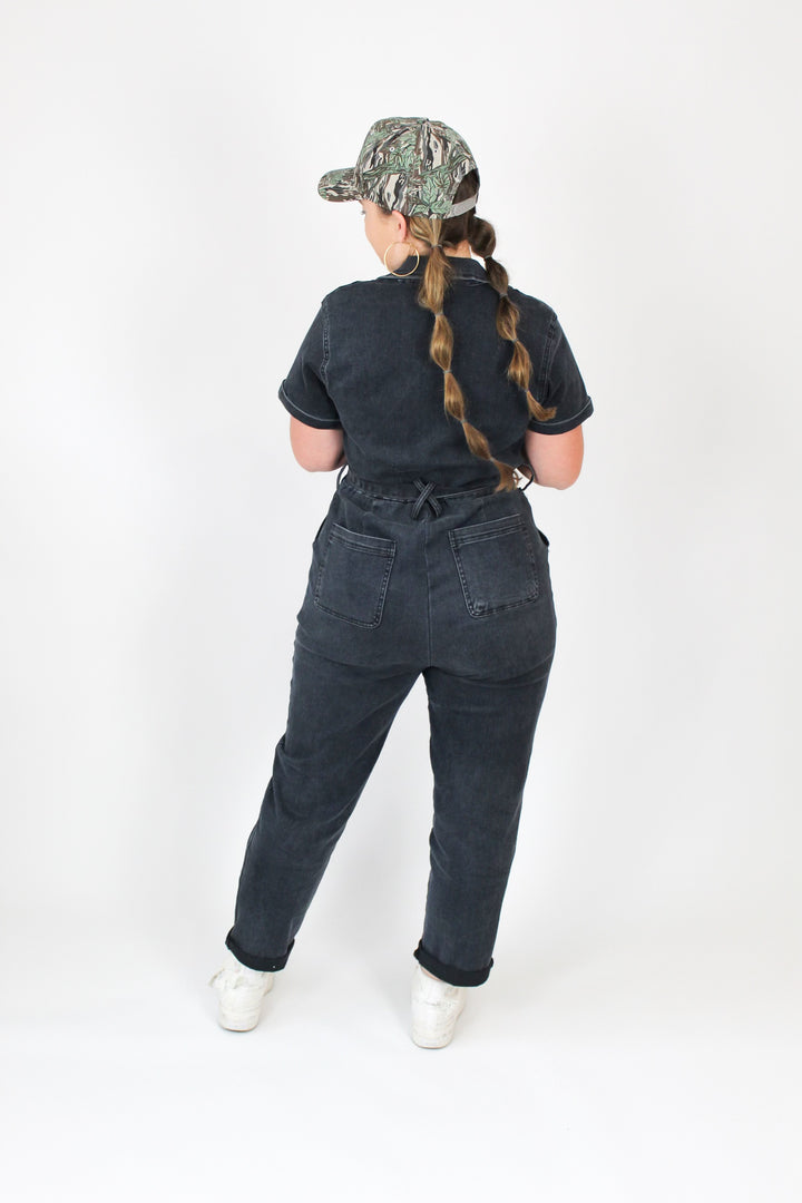 Stretchy Black Washed Denim Jumpsuit