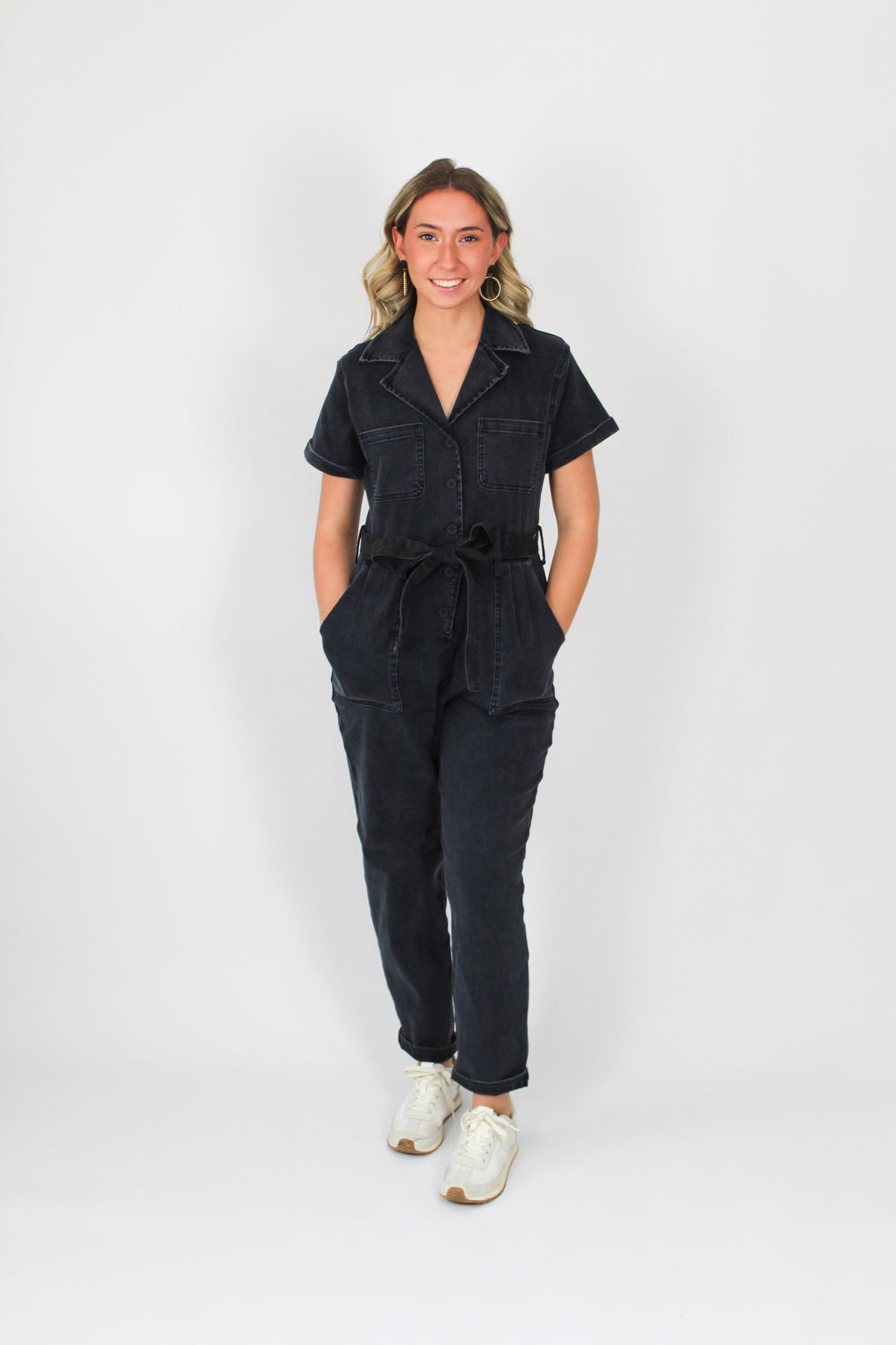 Stretchy Black Washed Denim Jumpsuit