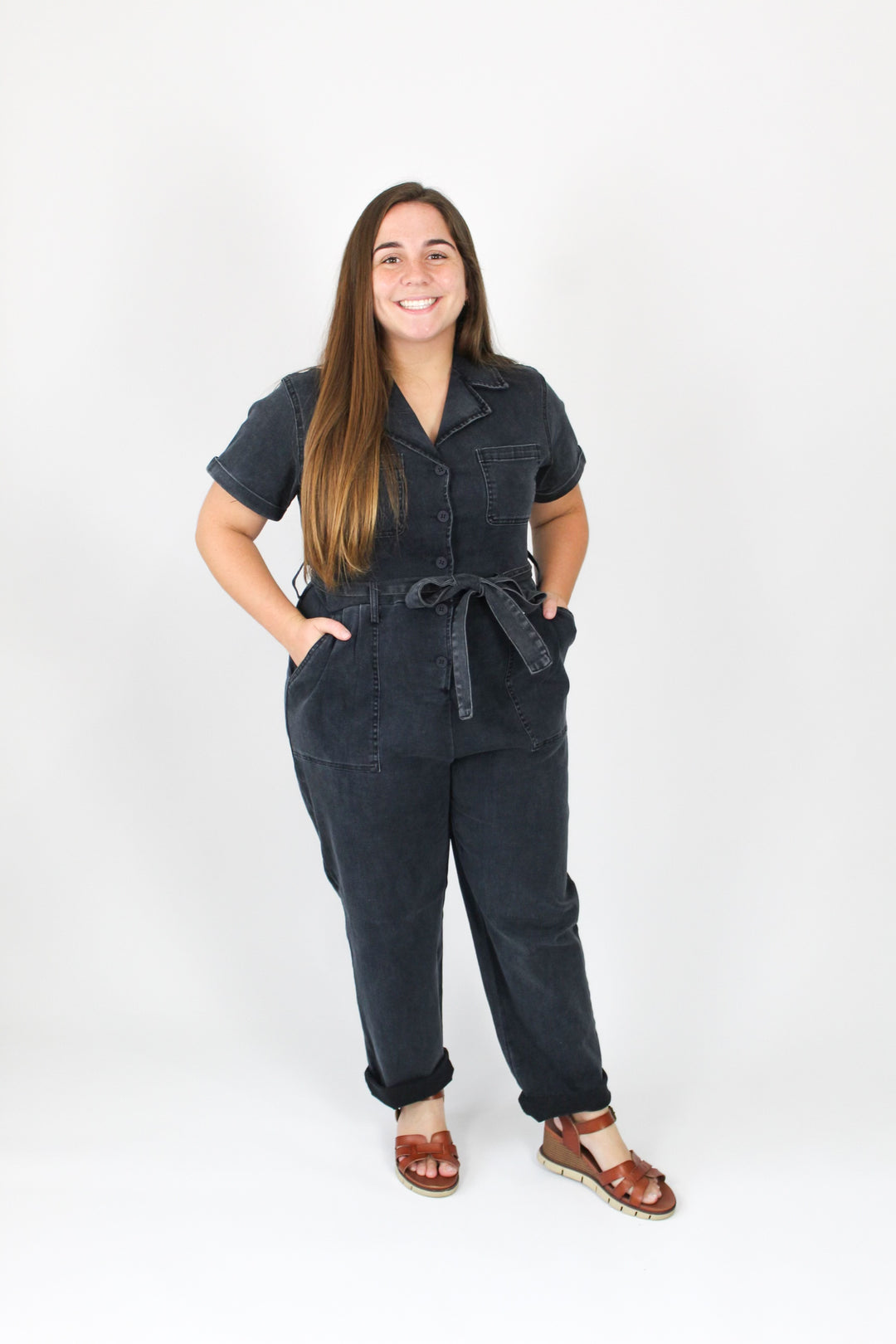 Stretchy Black Washed Denim Jumpsuit