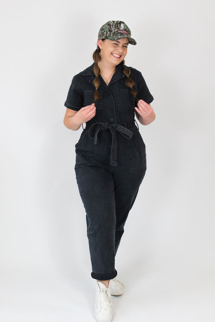 Stretchy Black Washed Denim Jumpsuit