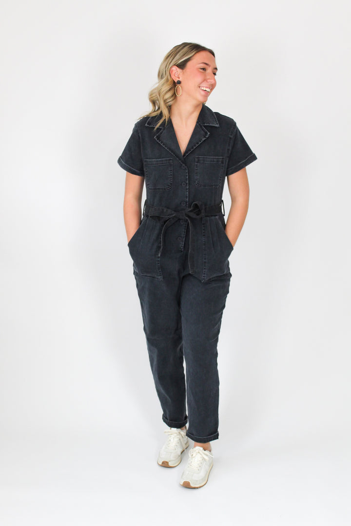 Stretchy Black Washed Denim Jumpsuit