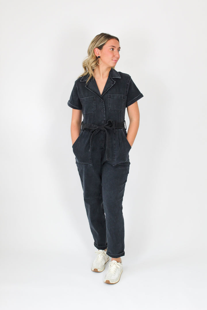 Stretchy Black Washed Denim Jumpsuit