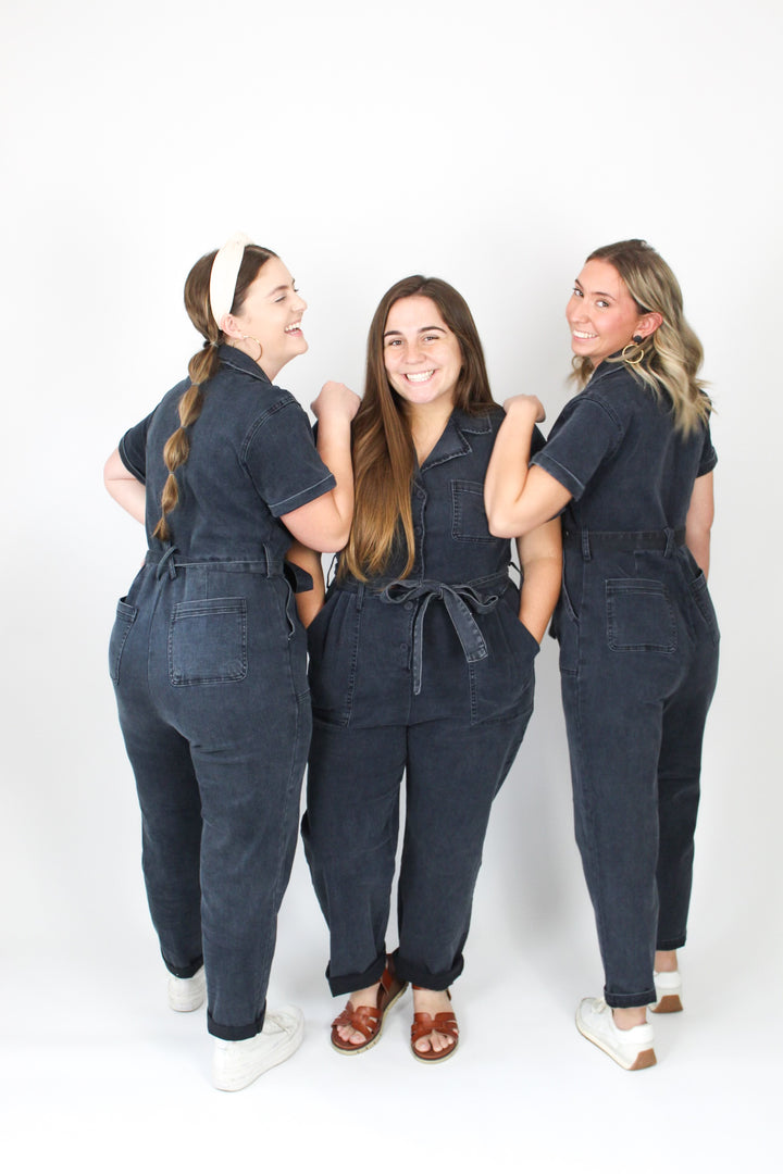 Stretchy Black Washed Denim Jumpsuit