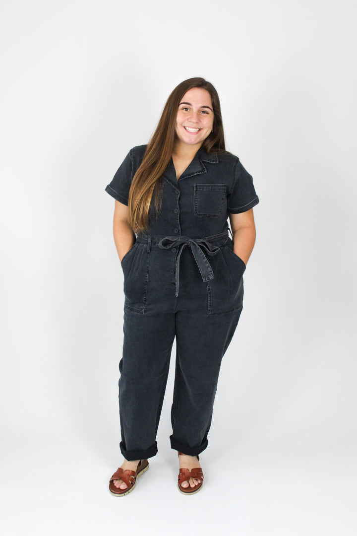 Stretchy Black Washed Denim Jumpsuit