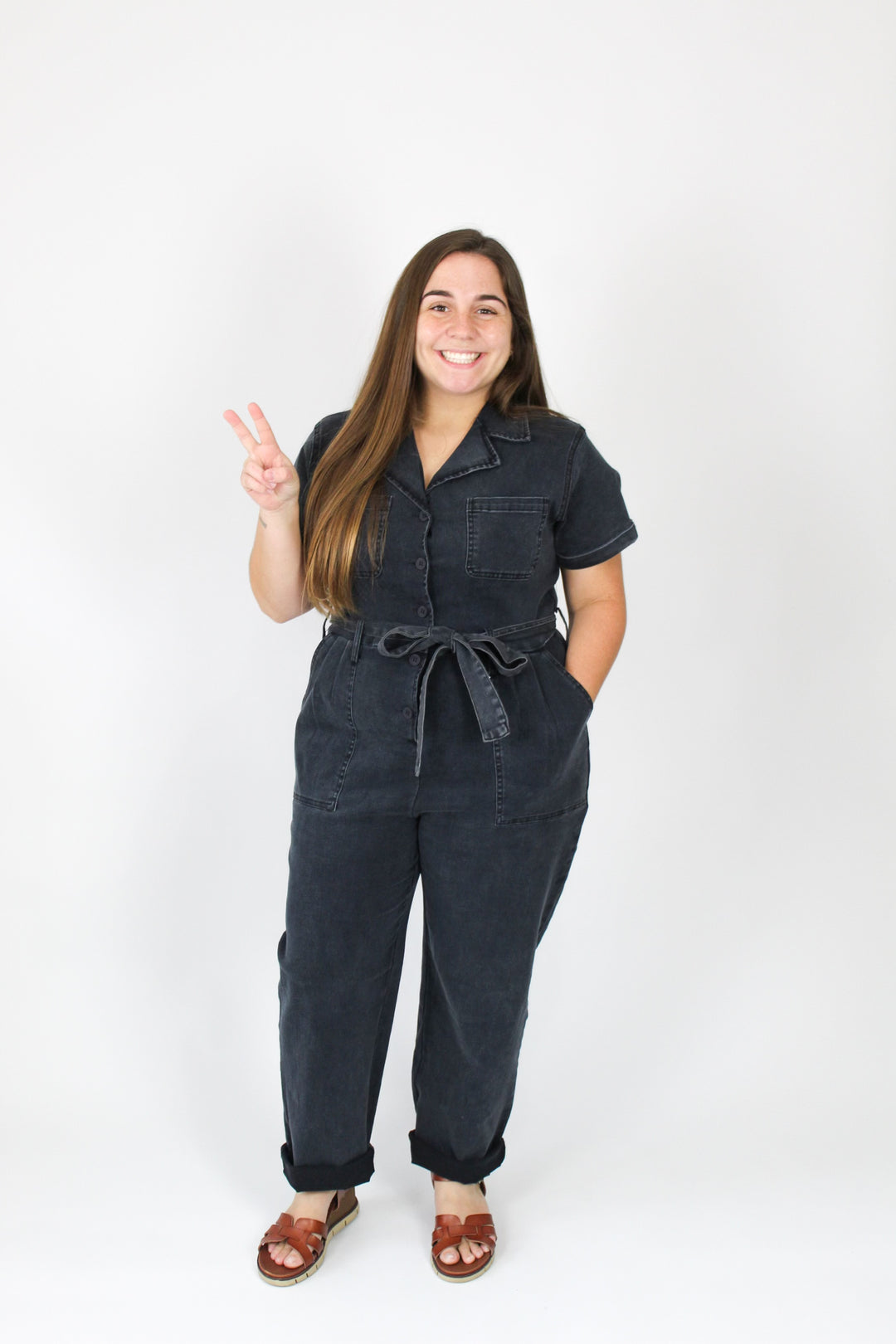 Stretchy Black Washed Denim Jumpsuit