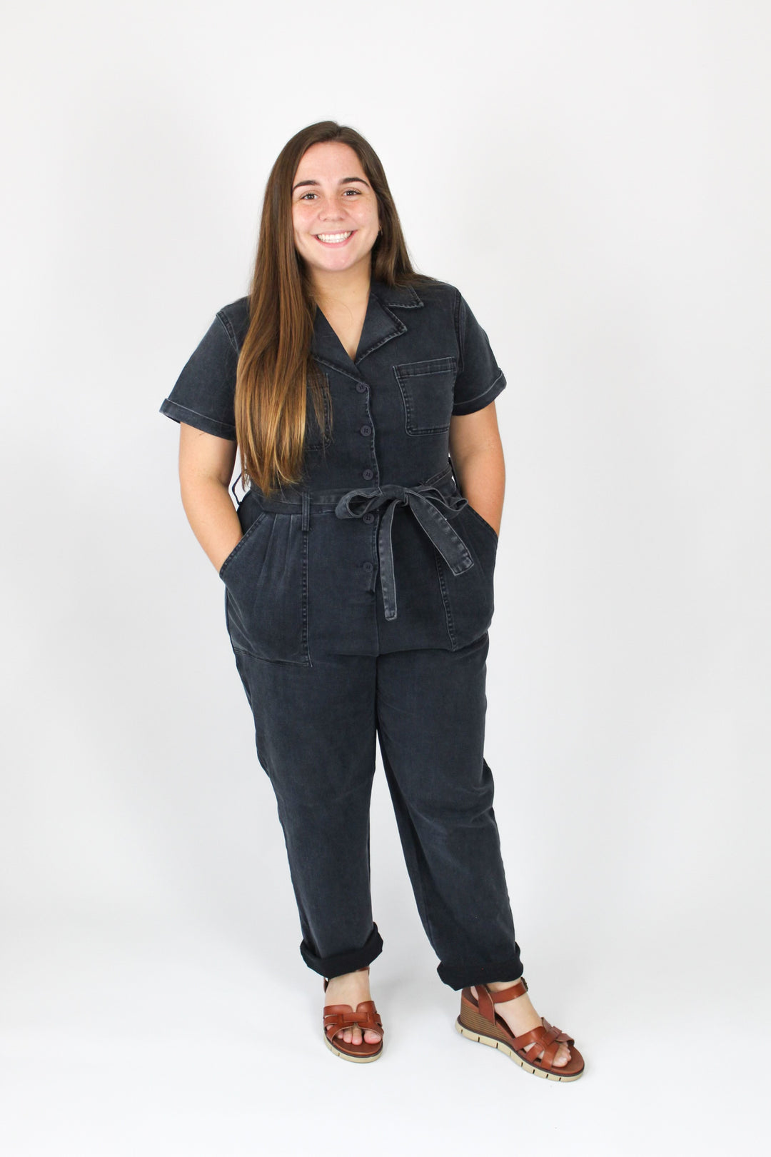 Stretchy Black Washed Denim Jumpsuit