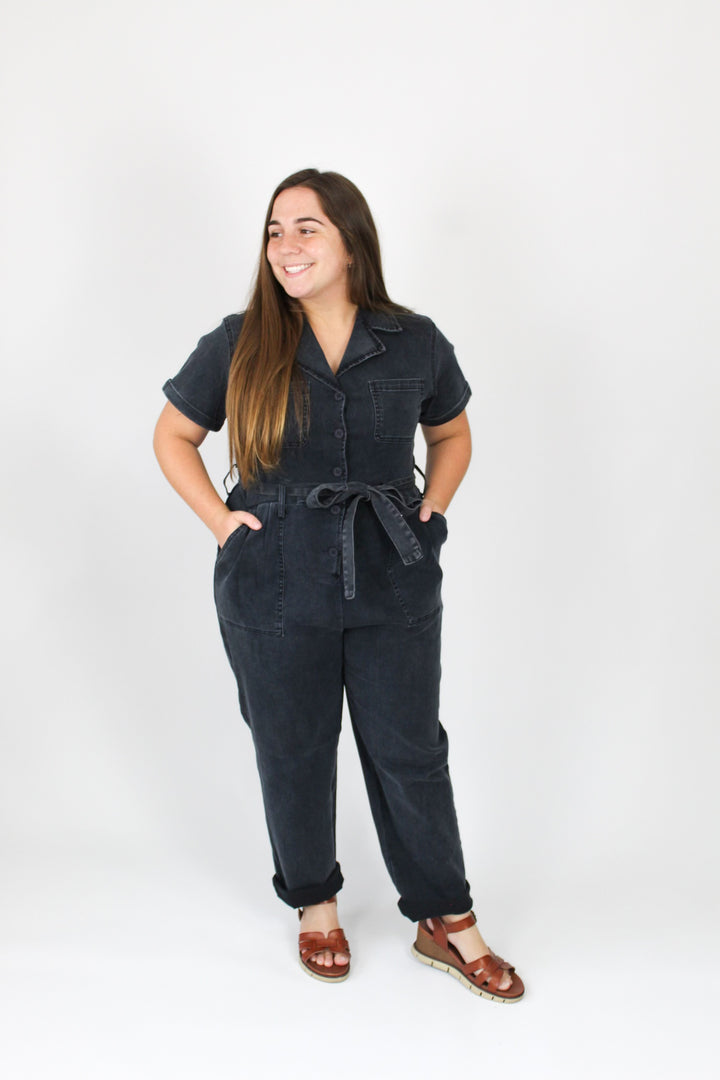 Stretchy Black Washed Denim Jumpsuit