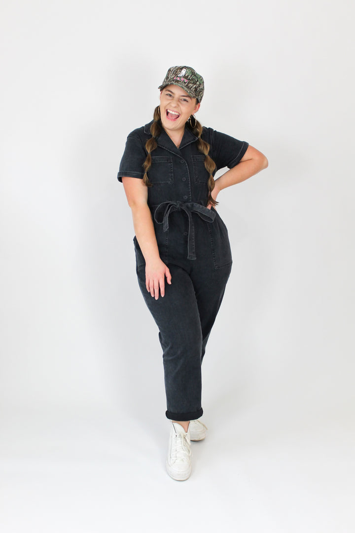 Stretchy Black Washed Denim Jumpsuit