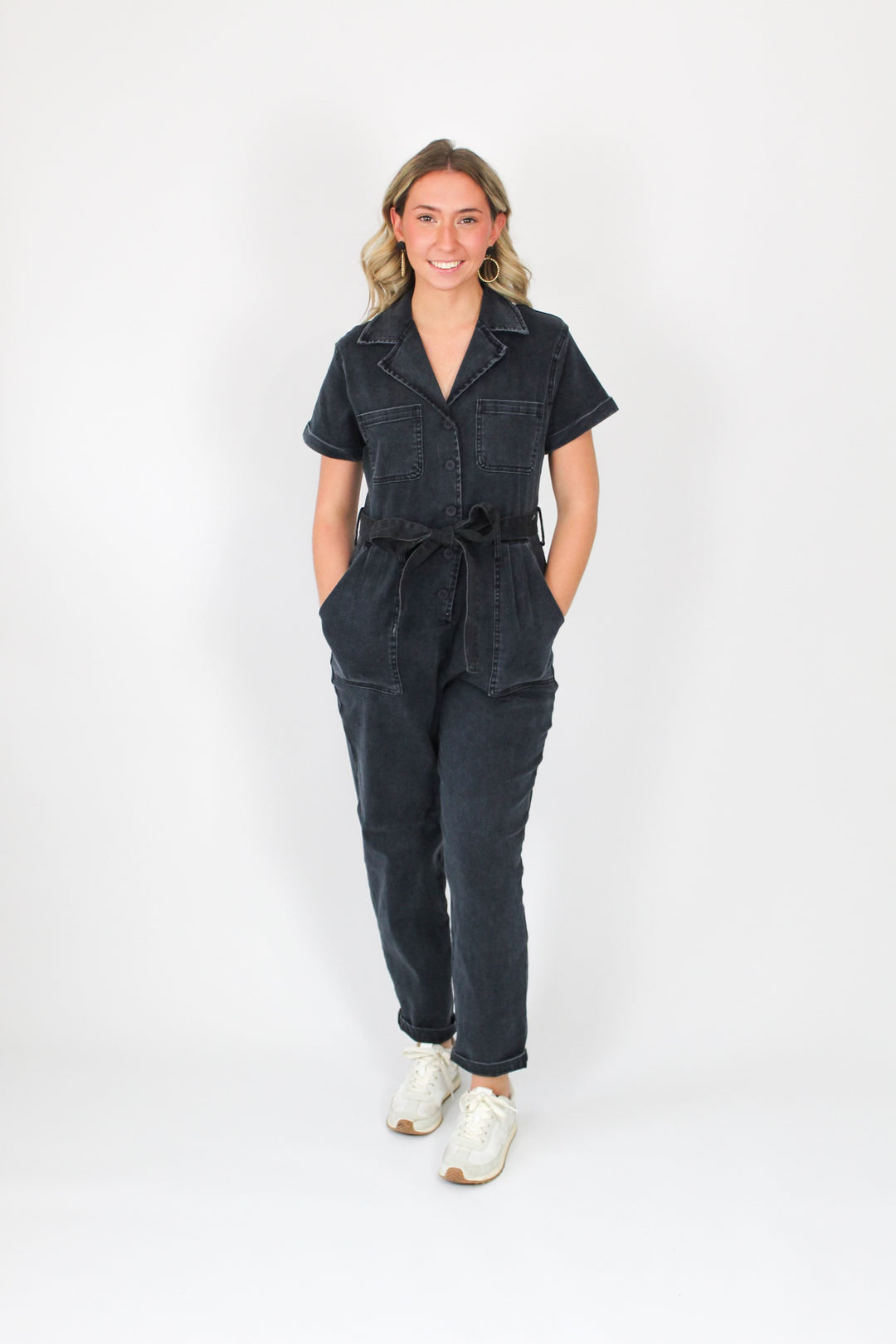 Stretchy Black Washed Denim Jumpsuit