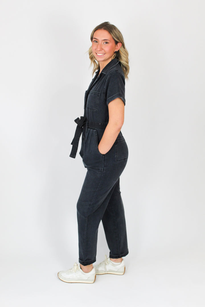 Stretchy Black Washed Denim Jumpsuit