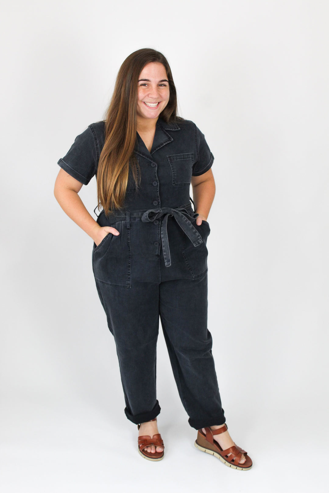 Stretchy Black Washed Denim Jumpsuit